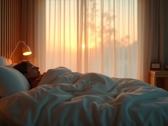 Serene bedroom with warm lighting, someone peacefully sleeping.