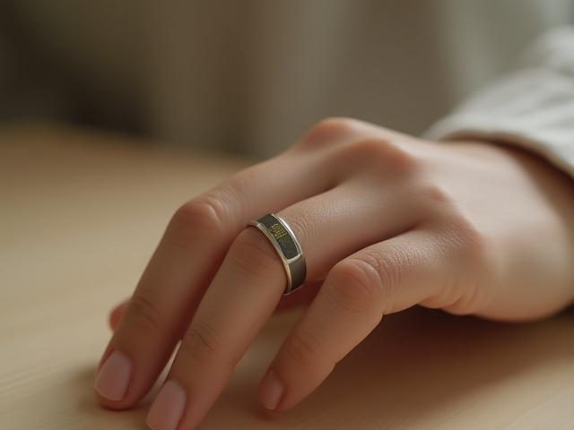 A sleek, modern smart ring on a person's finger, showcasing technology.