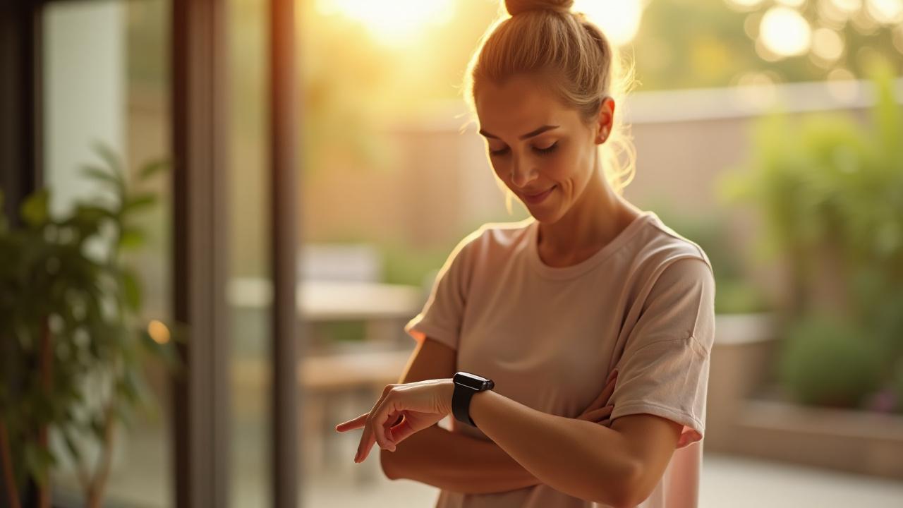 A confident woman in her 40s checking her smart watch after a yoga session, sunlight streaming through a window.